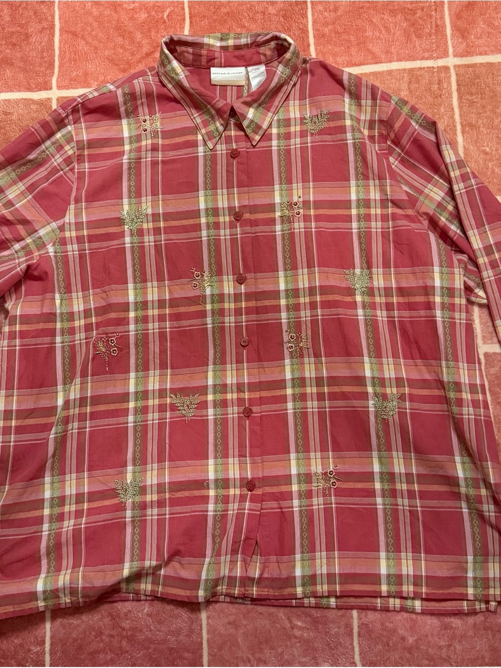 Alfred Dunner Pink-Red Plaid Button-Down Shirt with Embroidered Motifs